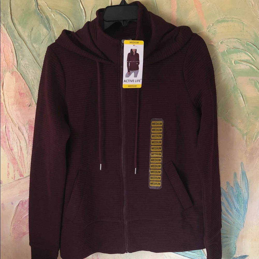 Active Life Ribbed Cotton Blend Full Zip V-neck Hooded Jacket New! - Picture 3 of 11